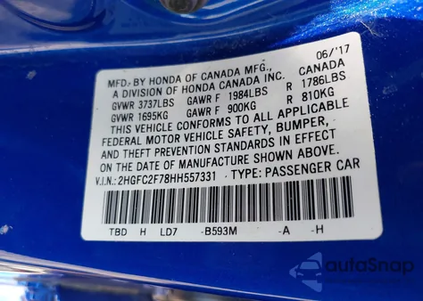 2017 Honda Civic Ex z USA, uszkodzony, nr VIN 2HGFC2F78HH557331